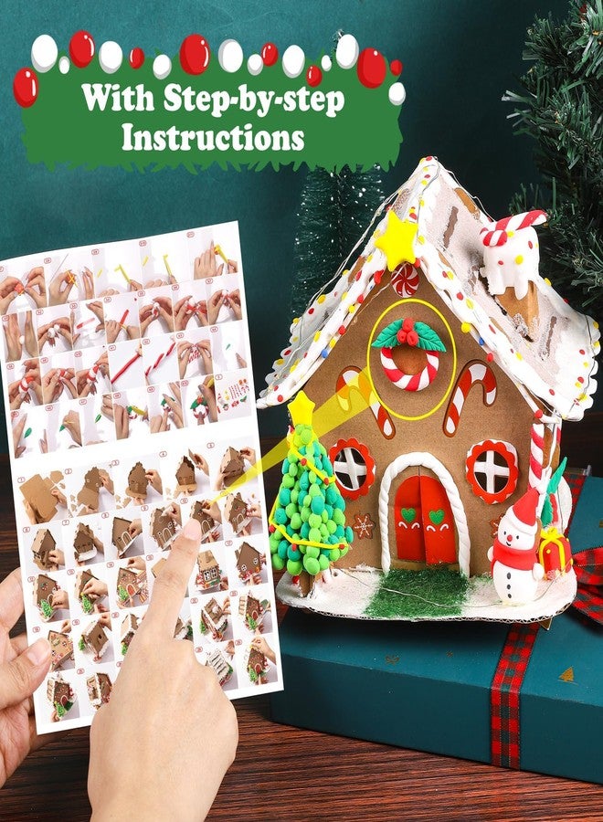Fovths 4 Sets Clay Christmas Gingerbread House Kit with Lights Craft Cardboard Gingerbread House DIY Christmas Decorations Holiday Activity Arts and Crafts for Christmas Party Supplies Decoration - Image 4